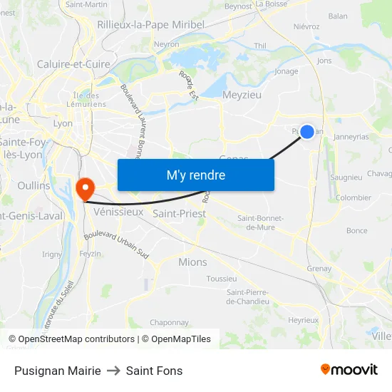 Pusignan Mairie to Saint Fons map