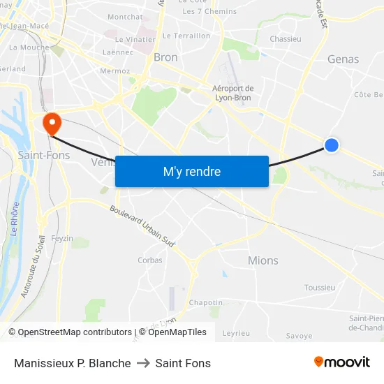 Manissieux P. Blanche to Saint Fons map