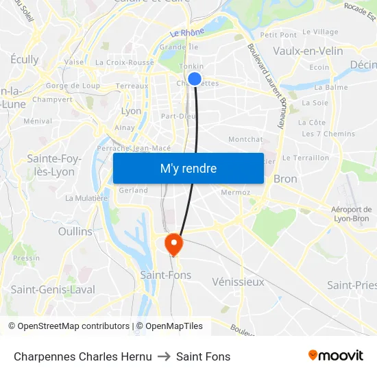 Charpennes Charles Hernu to Saint Fons map