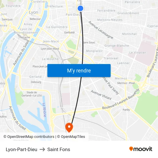 Lyon-Part-Dieu to Saint Fons map
