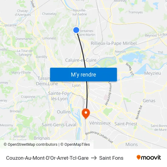 Couzon-Au-Mont-D'Or-Arret-Tcl-Gare to Saint Fons map