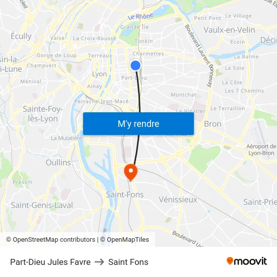 Part-Dieu Jules Favre to Saint Fons map