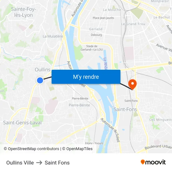 Oullins Ville to Saint Fons map