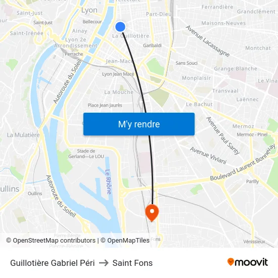 Guillotière Gabriel Péri to Saint Fons map