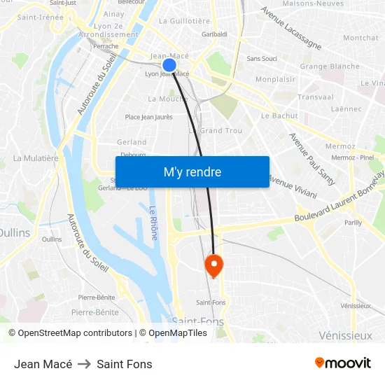Jean Macé to Saint Fons map