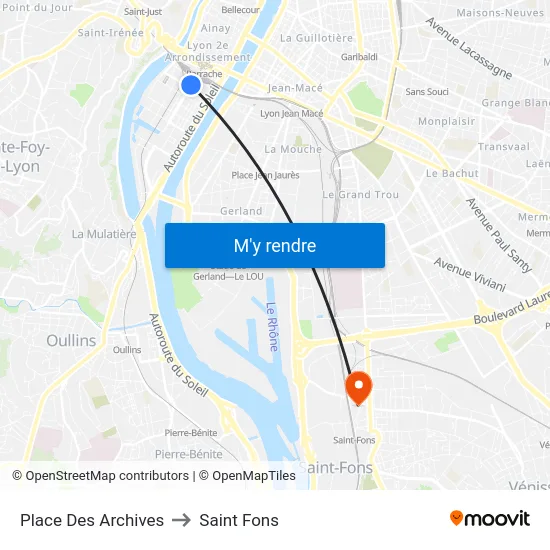 Place Des Archives to Saint Fons map