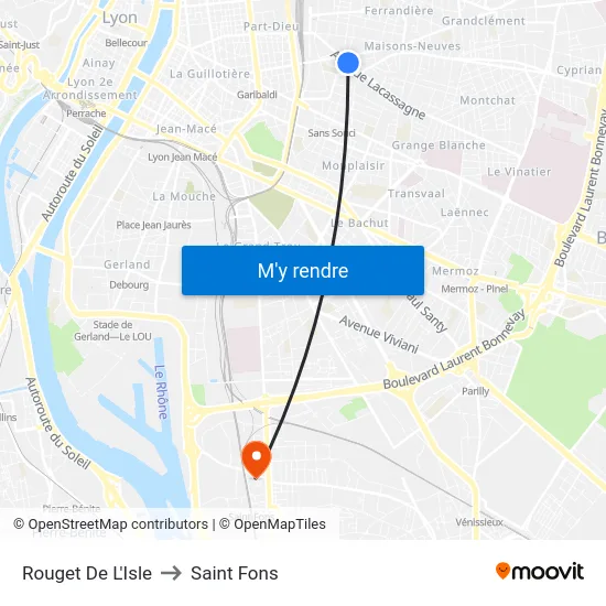 Rouget De L'Isle to Saint Fons map