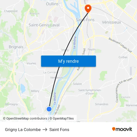 Grigny La Colombe to Saint Fons map