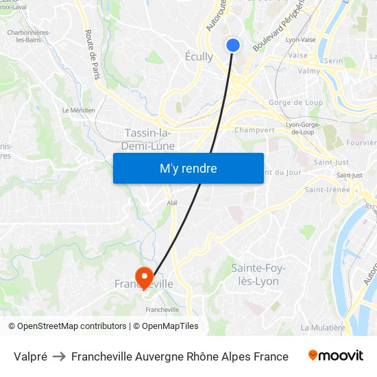 Valpré to Francheville Auvergne Rhône Alpes France map