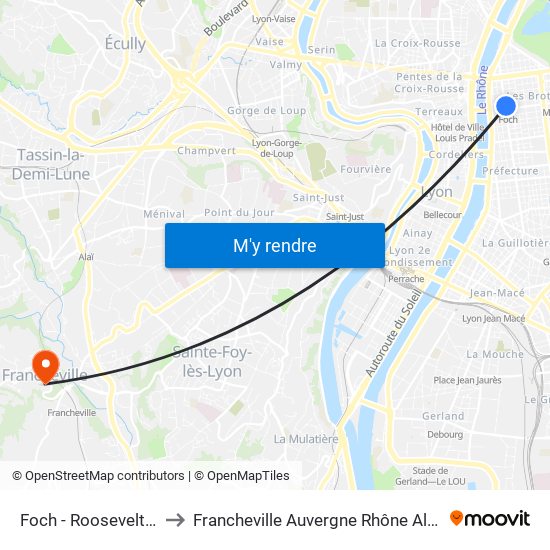 Foch - Roosevelt Métro to Francheville Auvergne Rhône Alpes France map