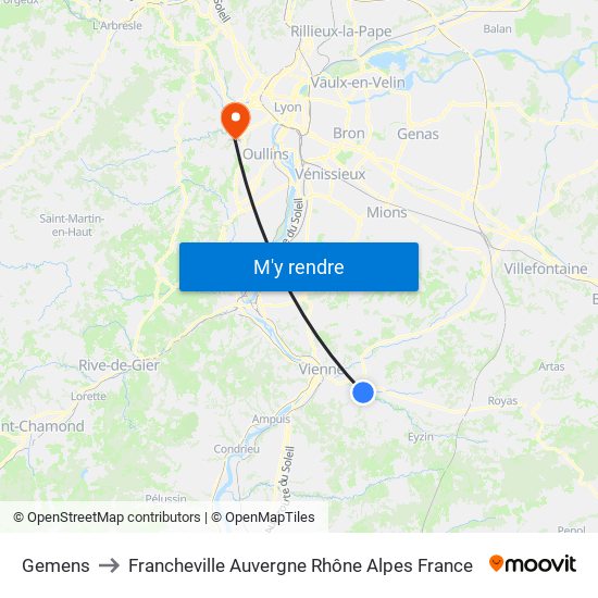 Gemens to Francheville Auvergne Rhône Alpes France map