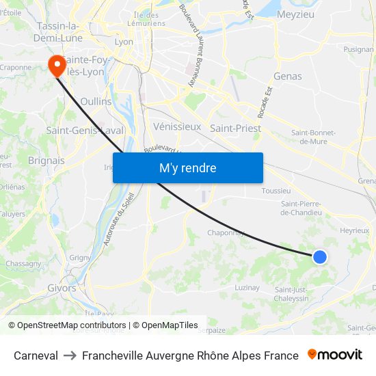 Carneval to Francheville Auvergne Rhône Alpes France map