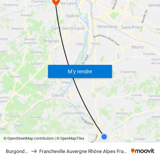 Burgondes to Francheville Auvergne Rhône Alpes France map