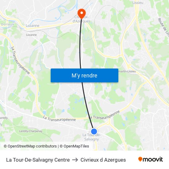 La Tour-De-Salvagny Centre to Civrieux d Azergues map
