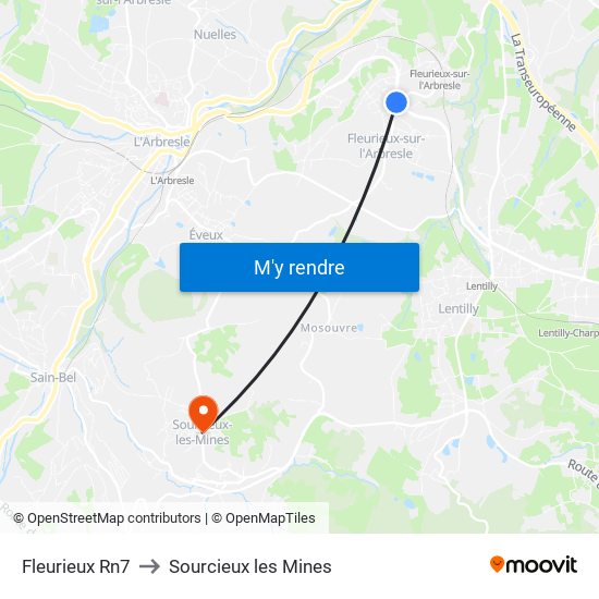 Fleurieux Rn7 to Sourcieux les Mines map