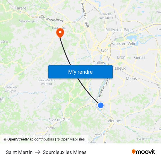 Saint Martin to Sourcieux les Mines map