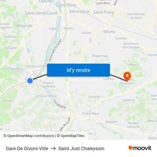 Gare De Givors-Ville to Saint Just Chaleyssin map