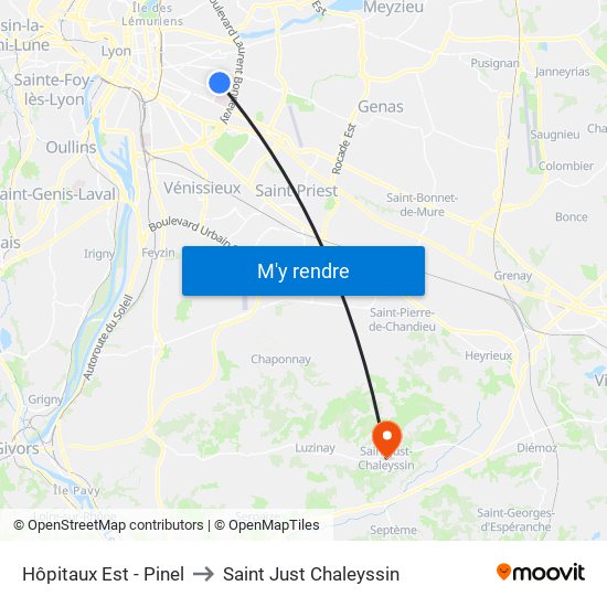 Hôpitaux Est - Pinel to Saint Just Chaleyssin map