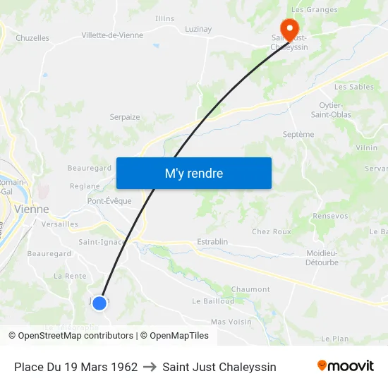 Place Du 19 Mars 1962 to Saint Just Chaleyssin map