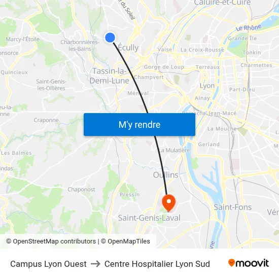 Campus Lyon Ouest to Centre Hospitalier Lyon Sud map