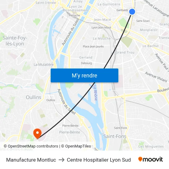 Manufacture Montluc to Centre Hospitalier Lyon Sud map