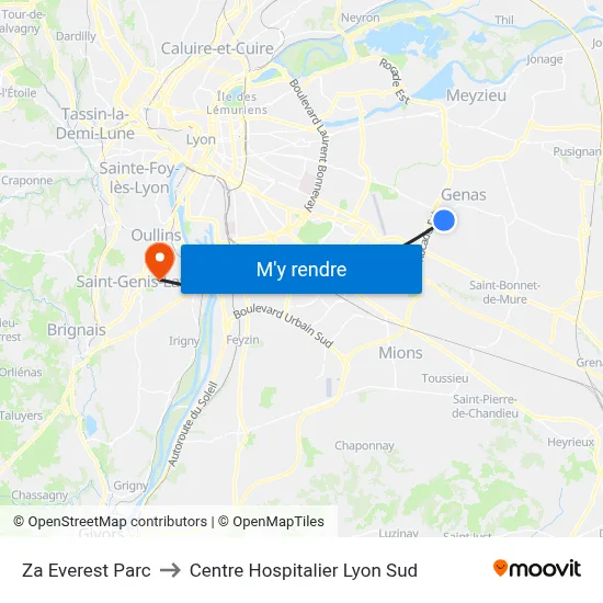 Za Everest Parc to Centre Hospitalier Lyon Sud map