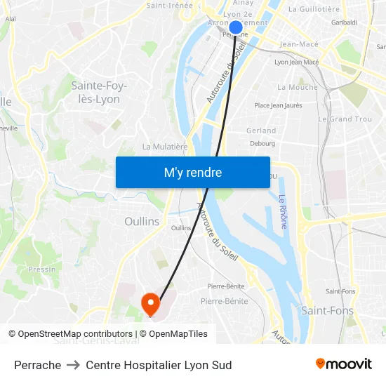 Perrache to Centre Hospitalier Lyon Sud map