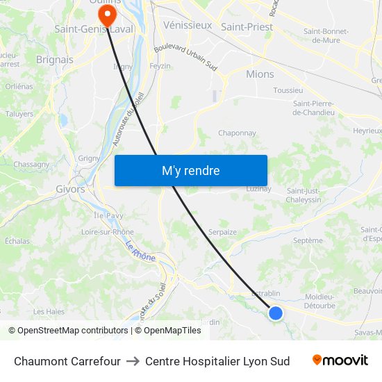 Chaumont Carrefour to Centre Hospitalier Lyon Sud map