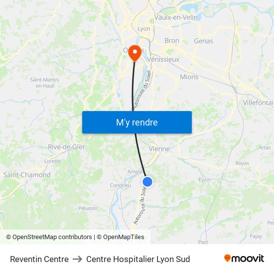 Reventin Centre to Centre Hospitalier Lyon Sud map