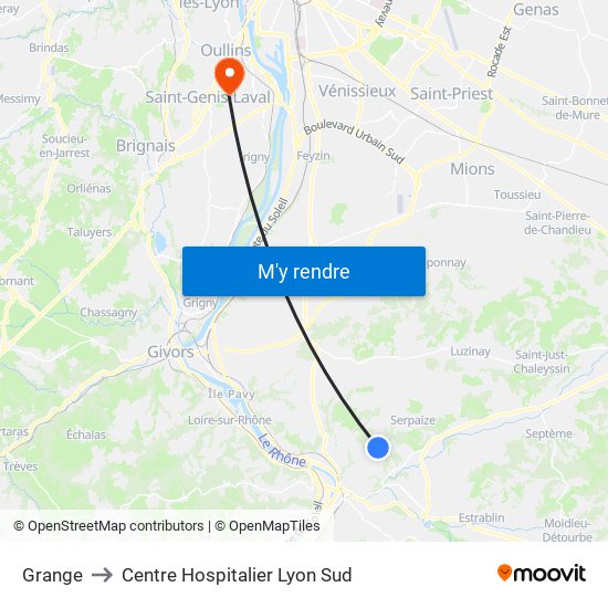 Grange to Centre Hospitalier Lyon Sud map