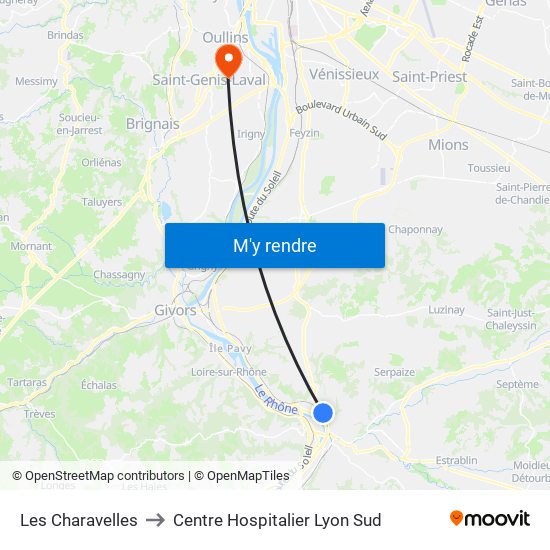 Les Charavelles to Centre Hospitalier Lyon Sud map