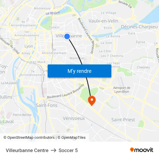 Villeurbanne Centre to Soccer 5 map