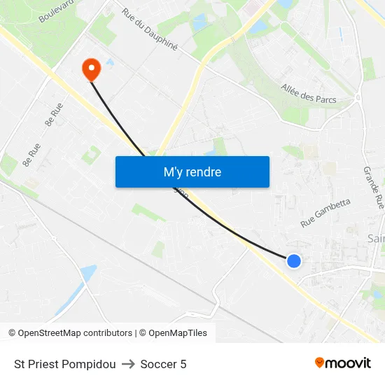 St Priest Pompidou to Soccer 5 map