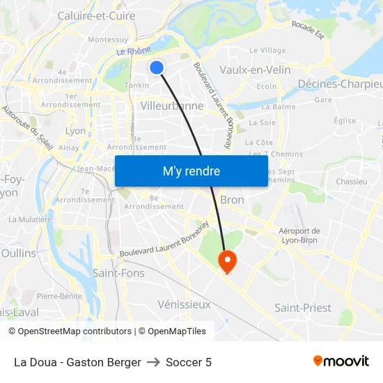 La Doua - Gaston Berger to Soccer 5 map