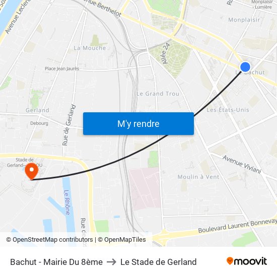 Bachut - Mairie Du 8ème to Le Stade de Gerland map