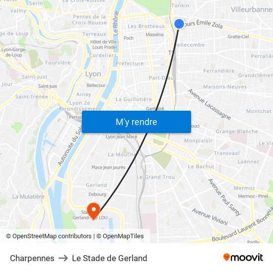 Charpennes to Le Stade de Gerland map