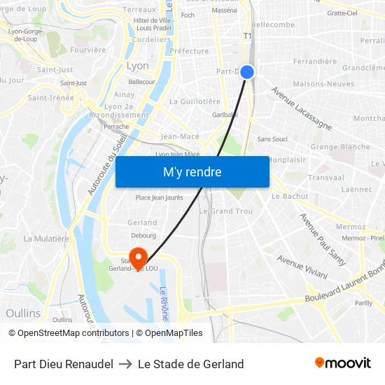 Part-Dieu Renaudel to Le Stade de Gerland map