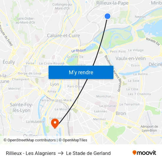 Rillieux - Les Alagniers to Le Stade de Gerland map