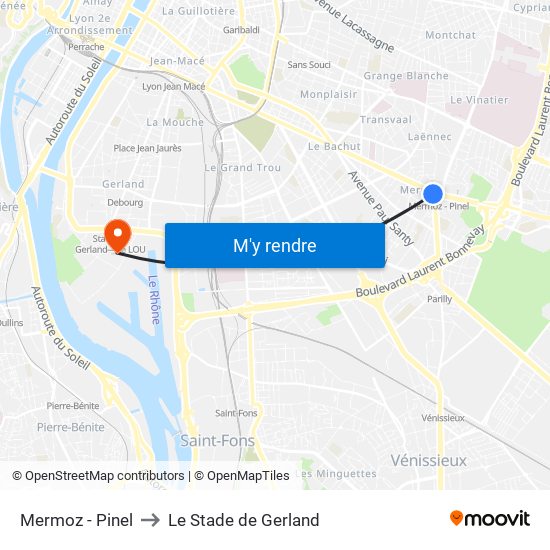 Mermoz - Pinel to Le Stade de Gerland map
