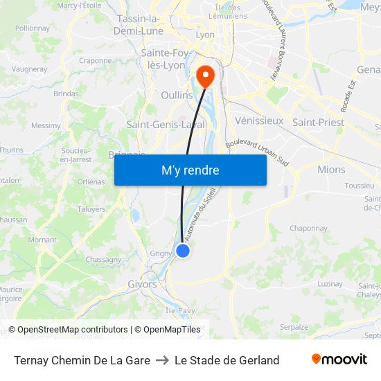 Ternay Chemin De La Gare to Le Stade de Gerland map
