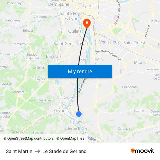 Saint Martin to Le Stade de Gerland map