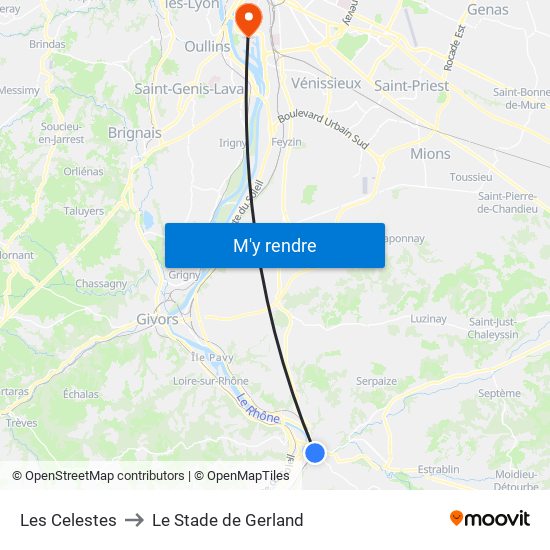 Les Celestes to Le Stade de Gerland map