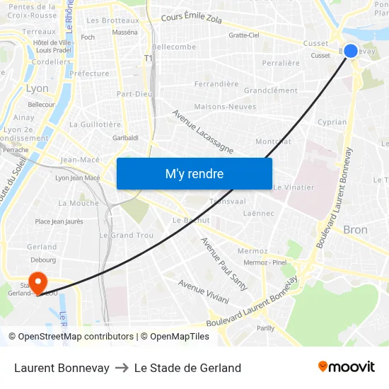 Laurent Bonnevay to Le Stade de Gerland map