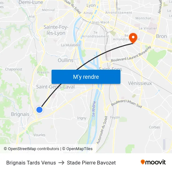 Brignais Tards Venus to Stade Pierre Bavozet map