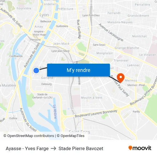Ayasse - Yves Farge to Stade Pierre Bavozet map