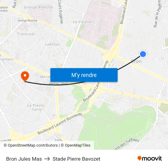 Bron Jules Mas to Stade Pierre Bavozet map
