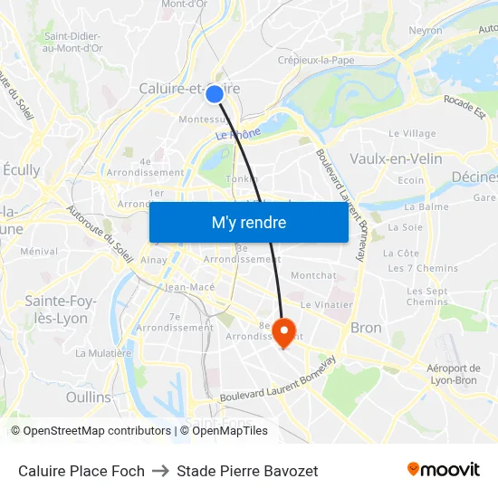 Caluire Place Foch to Stade Pierre Bavozet map