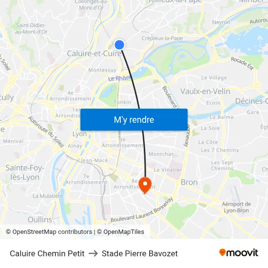 Caluire Chemin Petit to Stade Pierre Bavozet map