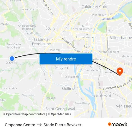 Craponne Centre to Stade Pierre Bavozet map