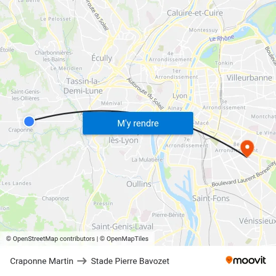 Craponne Martin to Stade Pierre Bavozet map